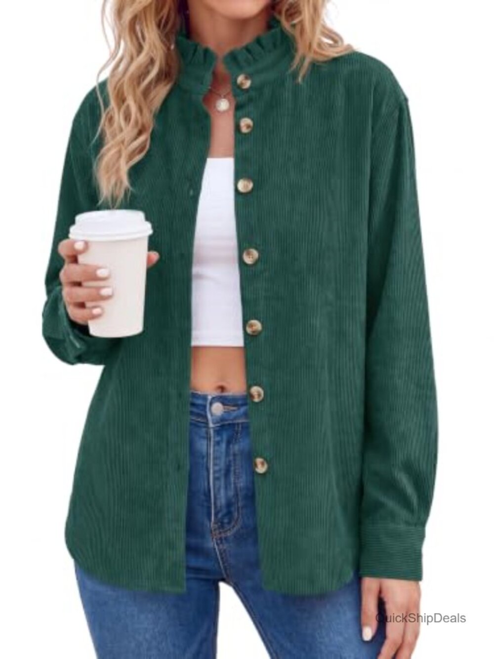 Womens Corduroy Button Down Shirt Long Sleeve Ruffle Collar Loose Fit Blouse
